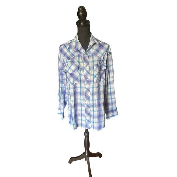 Wrangler Long Sleeve Pearl Snap Western Shirt – Purple/Blue Plaid - Picture 1 of 8